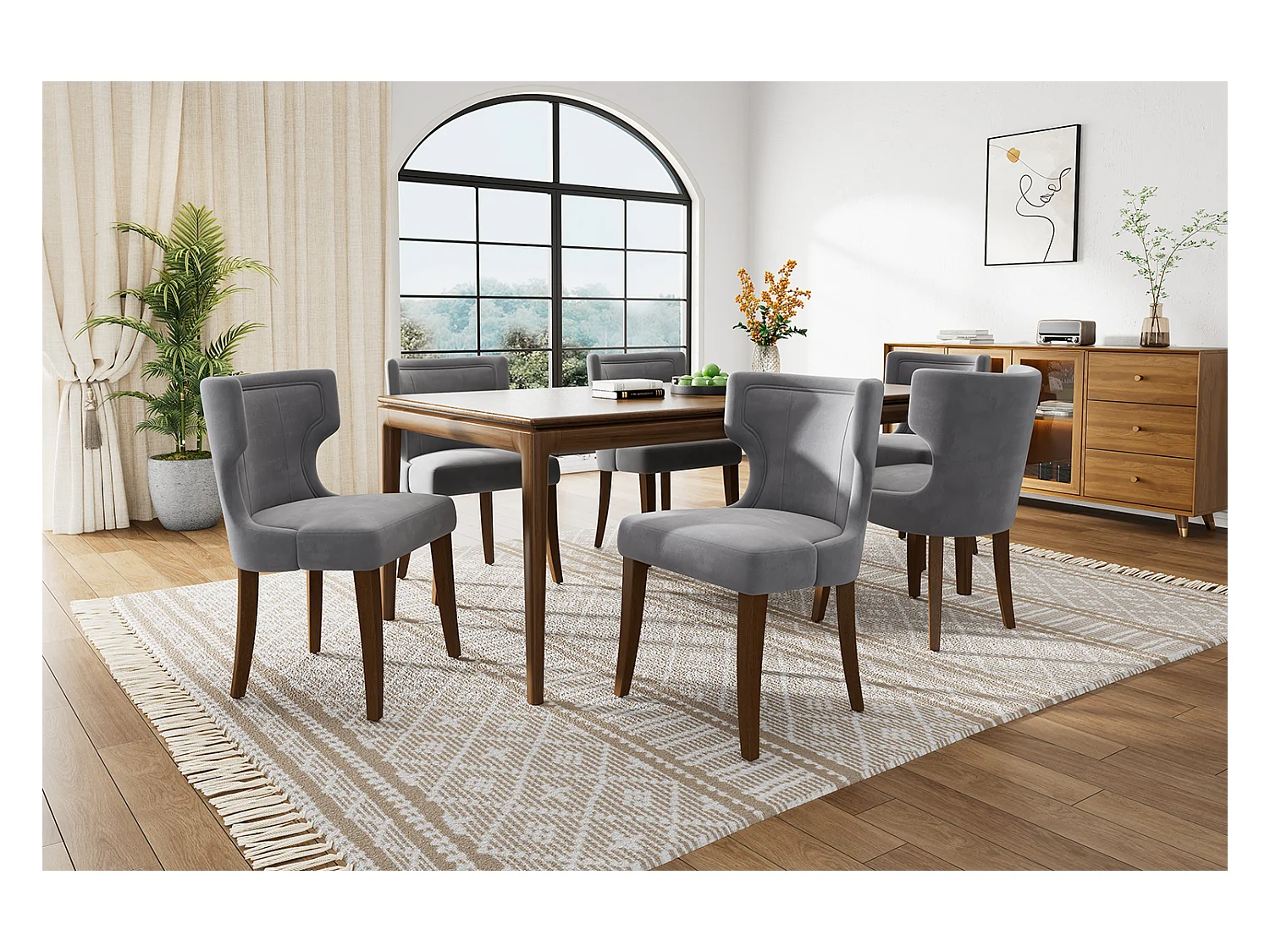 Lot de 6 chaises de salle à manger en velours, pieds en bois massif, coussins épais, pieds réglables, gris