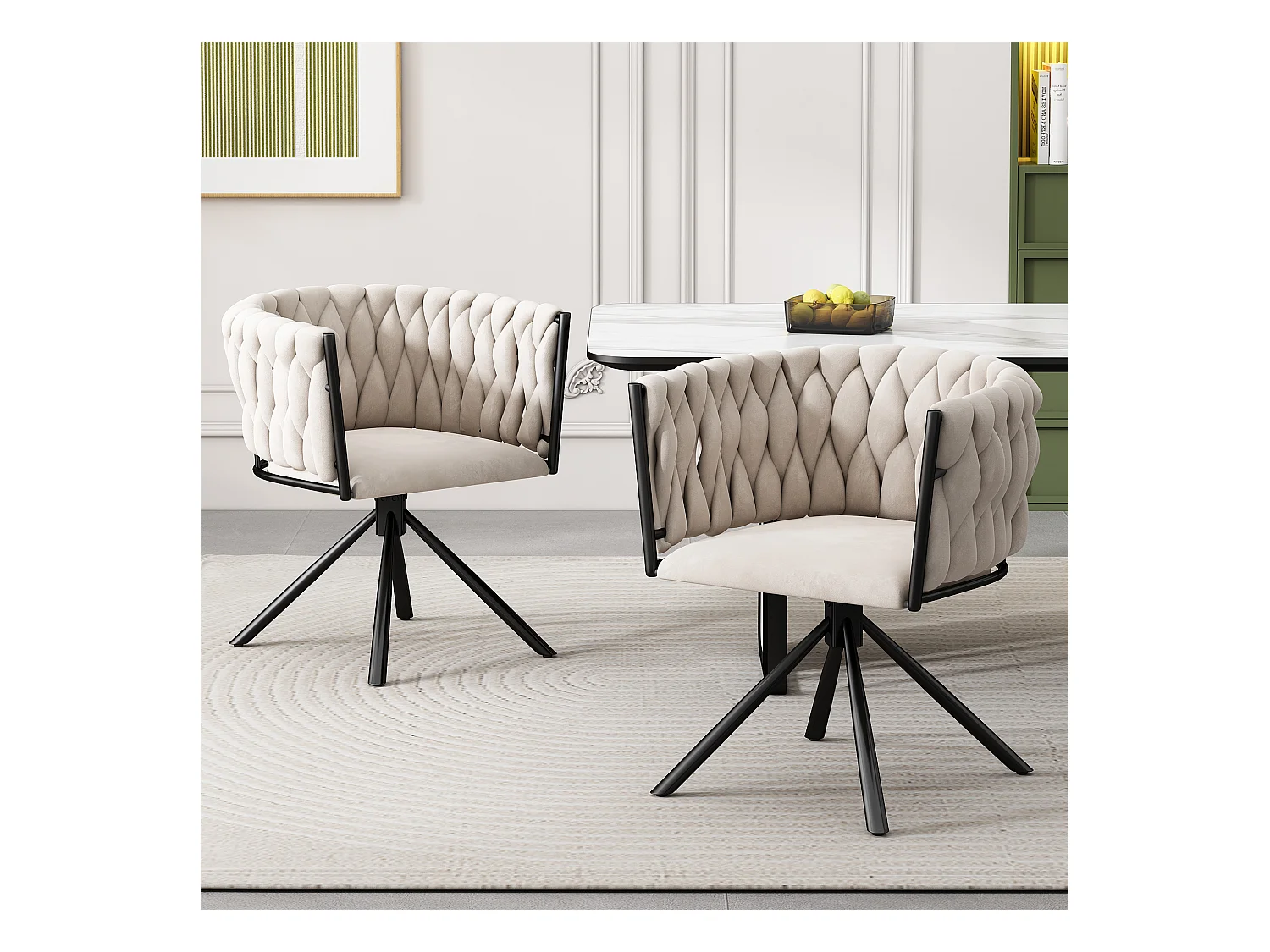 Chaise de salle à manger en velours, 2 pièces, fauteuil pivotant, design moderne, métal, beige (L 62 x l 60 x H 57 cm)