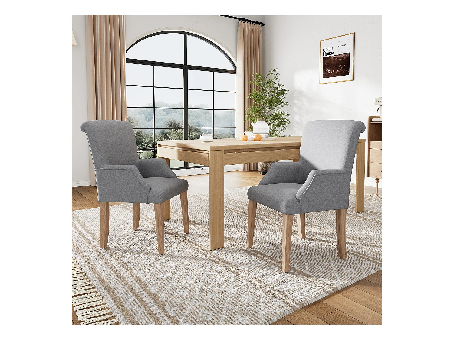 Chaise de salle à manger en lin, 2 pièces, avec pieds en bois massif et accoudoirs, gris