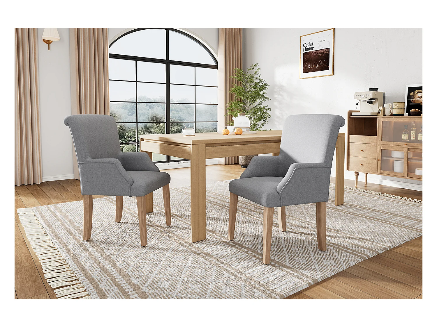 Chaise de salle à manger en lin, 2 pièces, avec pieds en bois massif et accoudoirs, gris