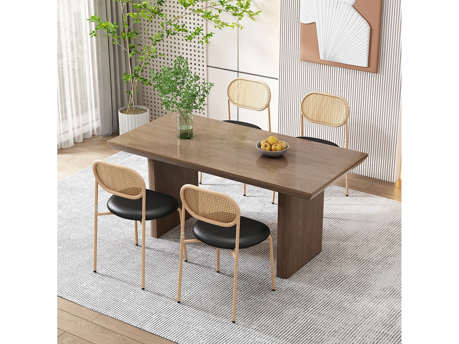 Set di 4 sedie da pranzo in stile moderno, poltrona in vimini con struttura in metallo, PU, nero e marrone (dimensioni specifiche da consultare)