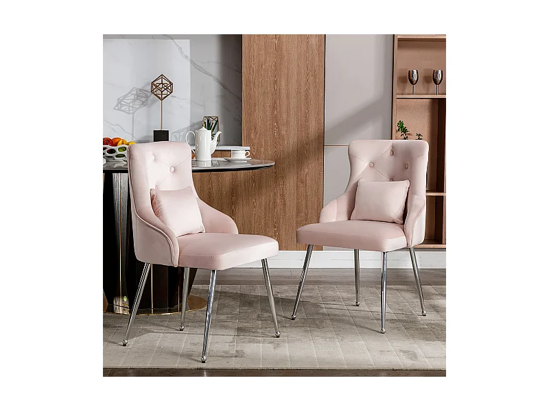 Set van 2 eetkamerstoelen met geknoopt patroon, gestoffeerde fauteuil, metalen poten, modern, fluweel, roze (lengte x breedte x hoogte cm)