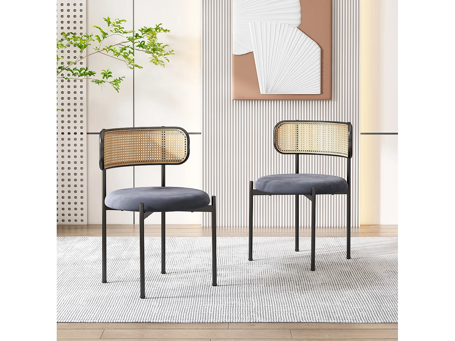 Eetkamerstoel van fluweel, set van 2, modern design, zitting van fluweel, metaal en rotan, grijs (afmetingen niet gespecificeerd) Productdetails (HTML-formaat):