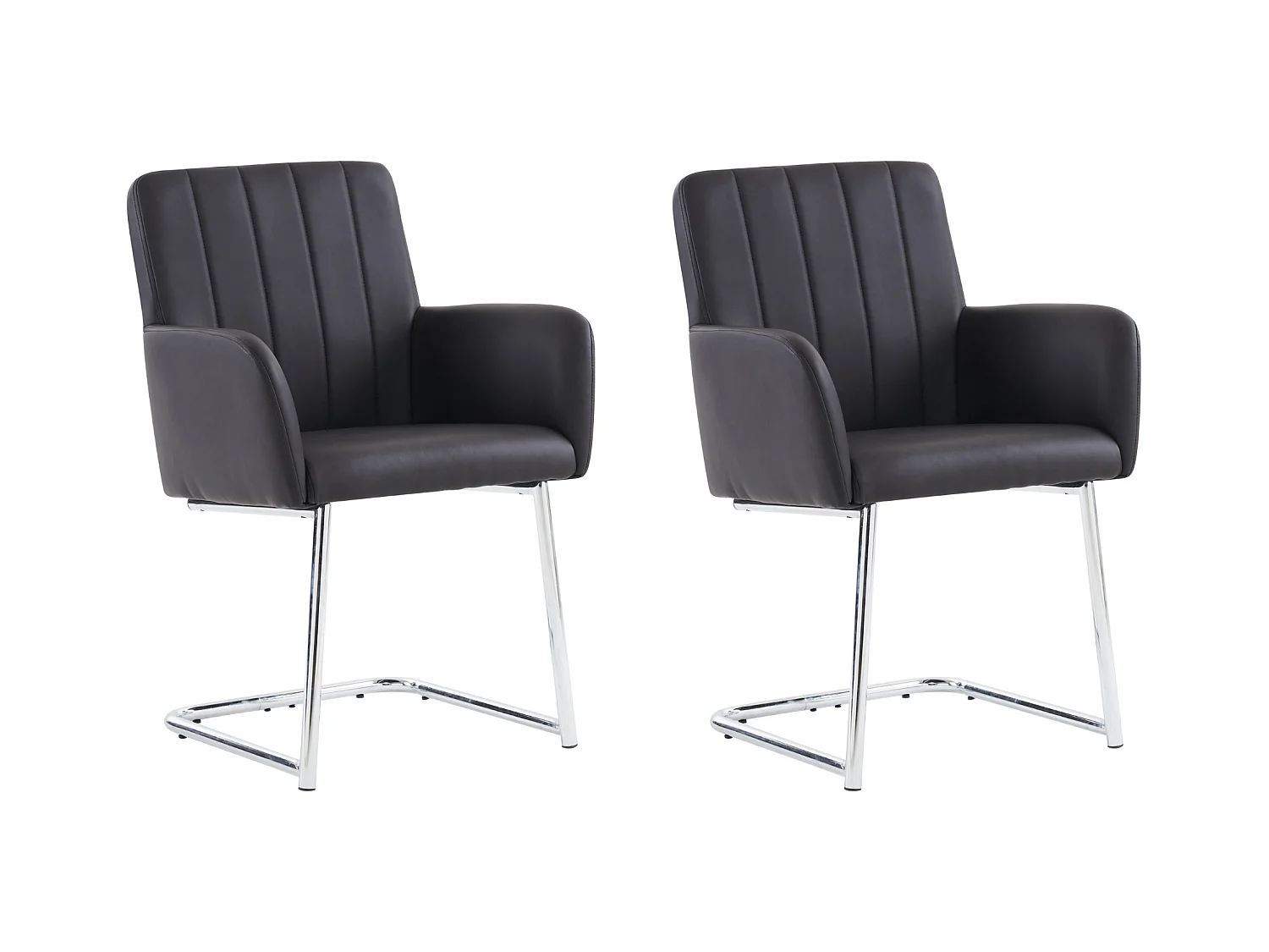 Set de 2 chaises de salle à manger avec rayures verticales, fauteuil rembourré, pieds métalliques en Z, cuir PU, noir (63x61x56.5 cm)