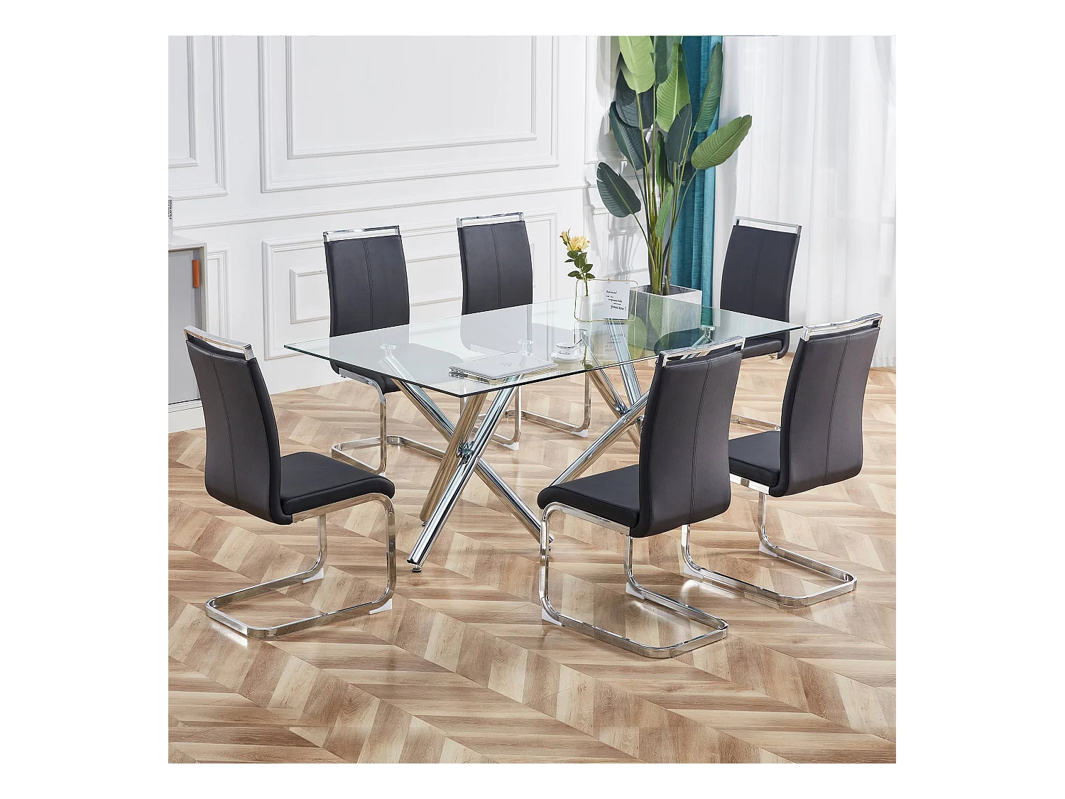 Chaise de Salle à Manger Noir en PU Simili Cuir avec Dossier Haut et Accoudoirs, Cadre en Métal Chromé, Set de 4 (Non Applicable)