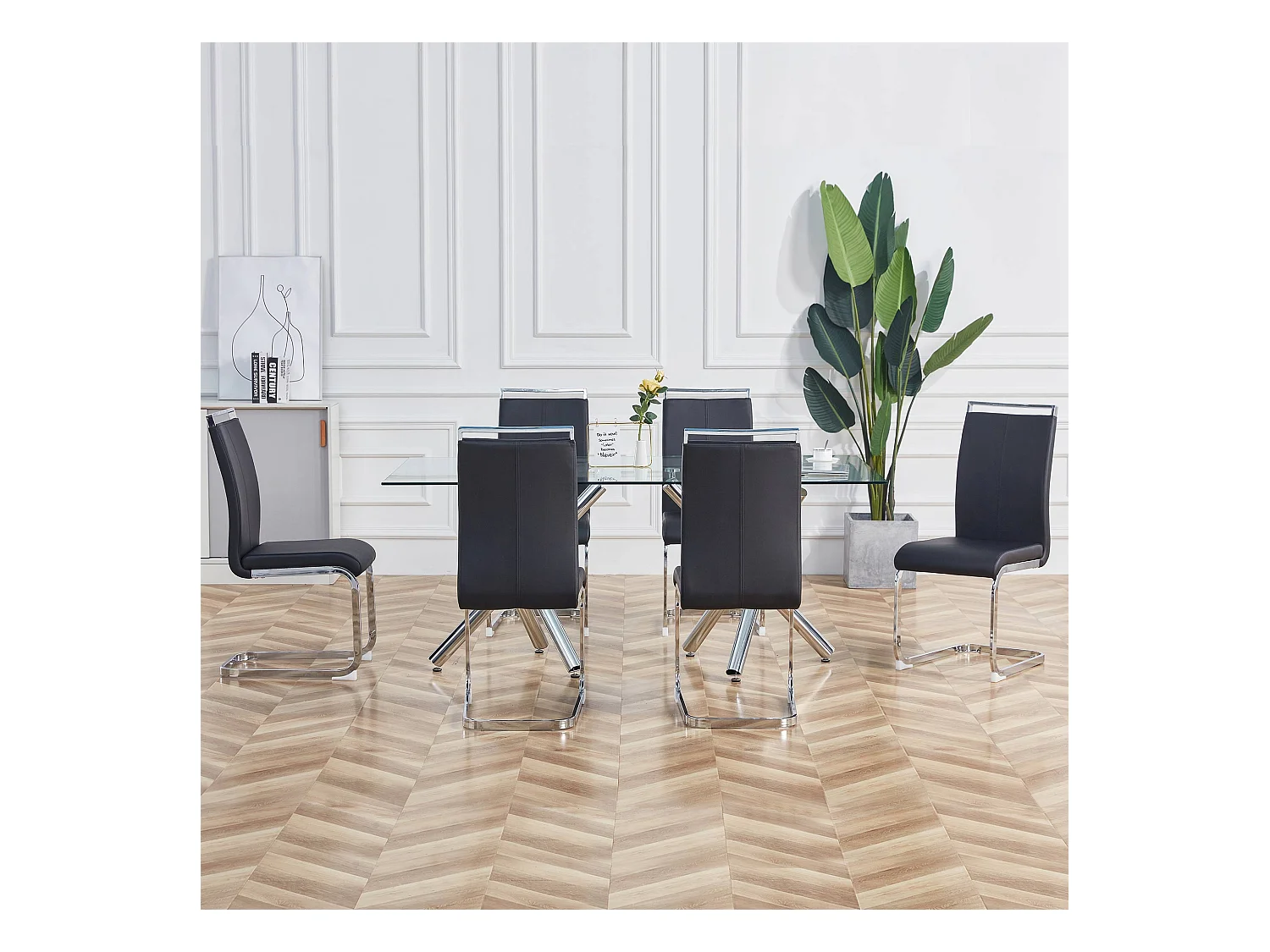 Chaise de Salle à Manger Noir en PU Simili Cuir avec Dossier Haut et Accoudoirs, Cadre en Métal Chromé, Set de 4 (Non Applicable)