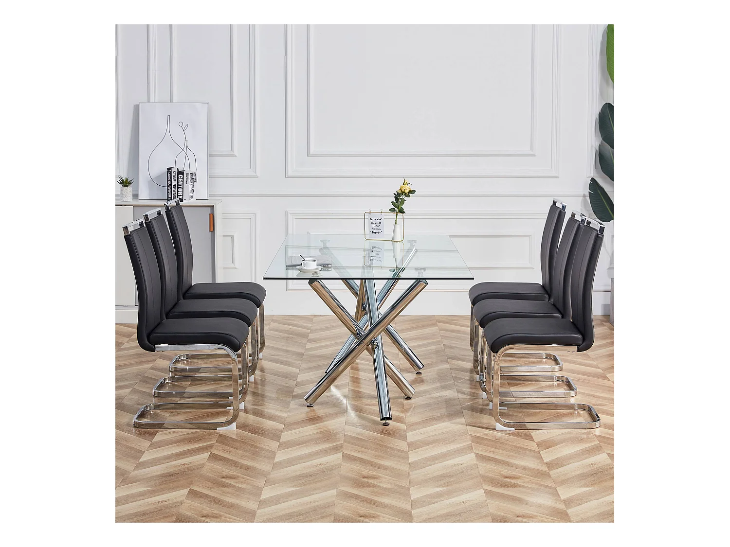 Chaise de Salle à Manger Noir en PU Simili Cuir avec Dossier Haut et Accoudoirs, Cadre en Métal Chromé, Set de 4 (Non Applicable)