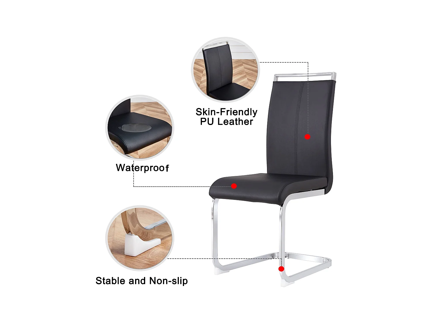 Chaise de Salle à Manger Noir en PU Simili Cuir avec Dossier Haut et Accoudoirs, Cadre en Métal Chromé, Set de 4 (Non Applicable)