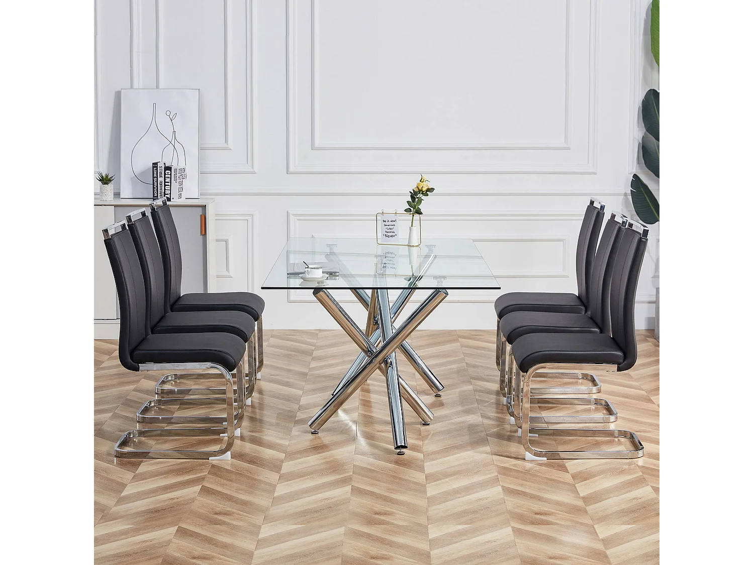 Chaise de Salle à Manger Noir en PU Simili Cuir avec Dossier Haut et Accoudoirs, Cadre en Métal Chromé, Set de 4 (Non Applicable)