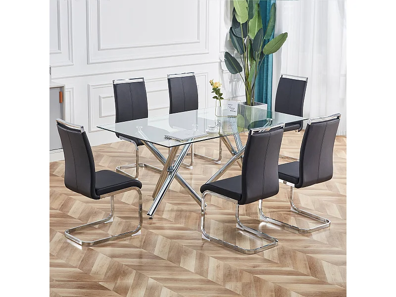 Chaise de Salle à Manger Noir en PU Simili Cuir avec Dossier Haut et Accoudoirs, Cadre en Métal Chromé, Set de 4 (Non Applicable)