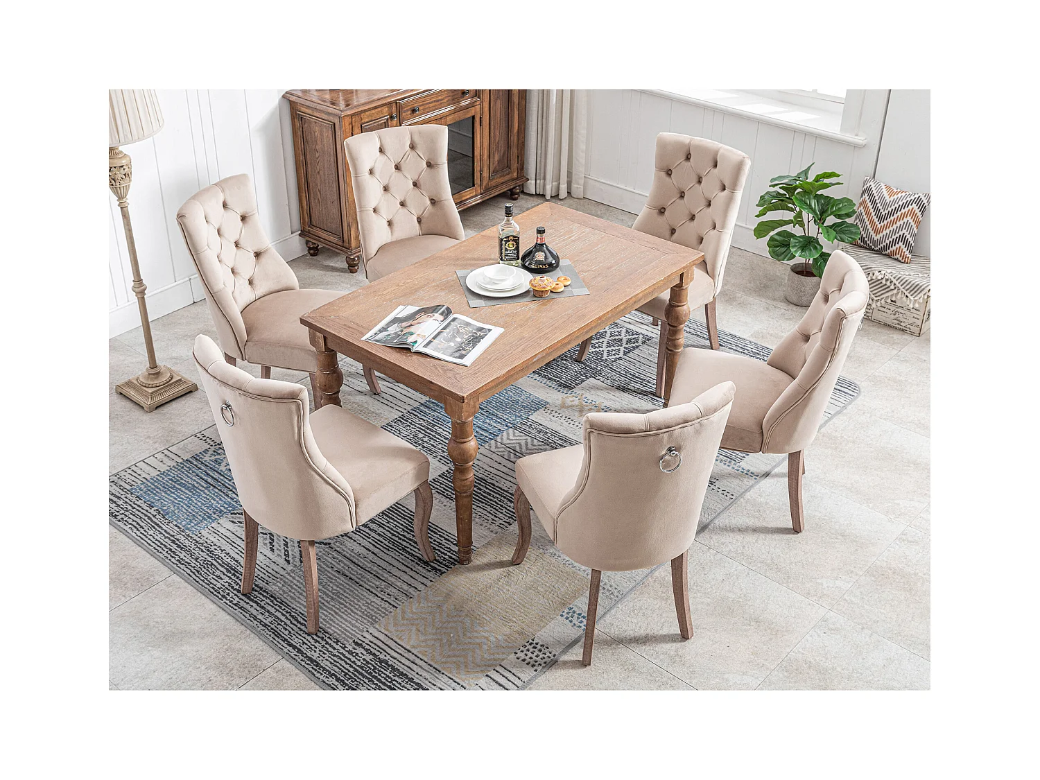 Chaise de Salle à Manger 4 pièces, Chaise de Cuisine et Salon en Velours, Dossier Haut avec Boutons et Base en Bois Massif, Beige (53x61x91 cm)