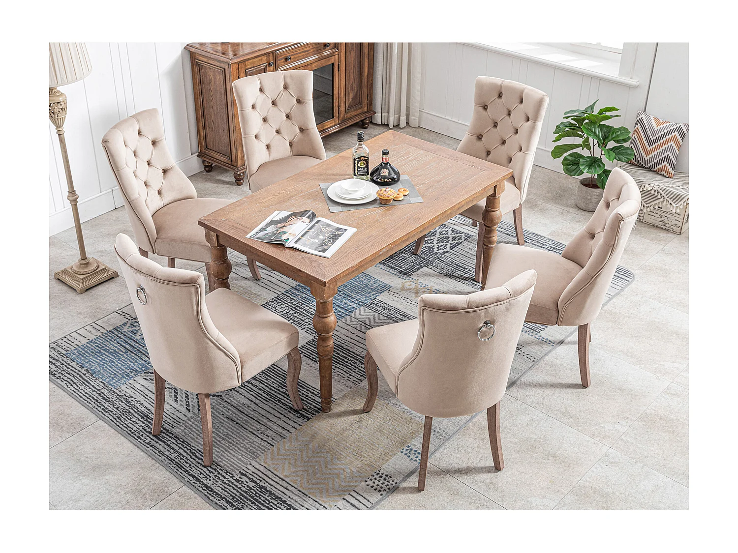 Eetkamerstoelenset van 4 stuks, fluwelen keuken- en woonkamerstoel, hoge rugleuning met knopen en massief houten onderstel, beige (53x61x91 cm)