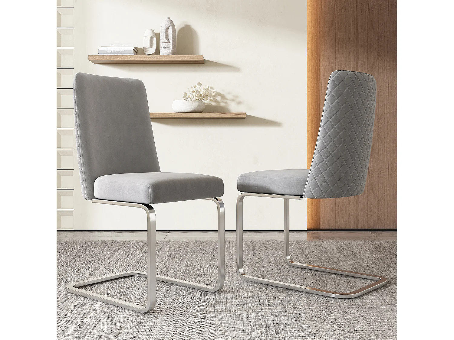 Eetkamerstoelen van fluweel, set van 6, luxe design, diamantvormige rugleuning, zilveren metalen poten, grijs (afmetingen niet van toepassing)