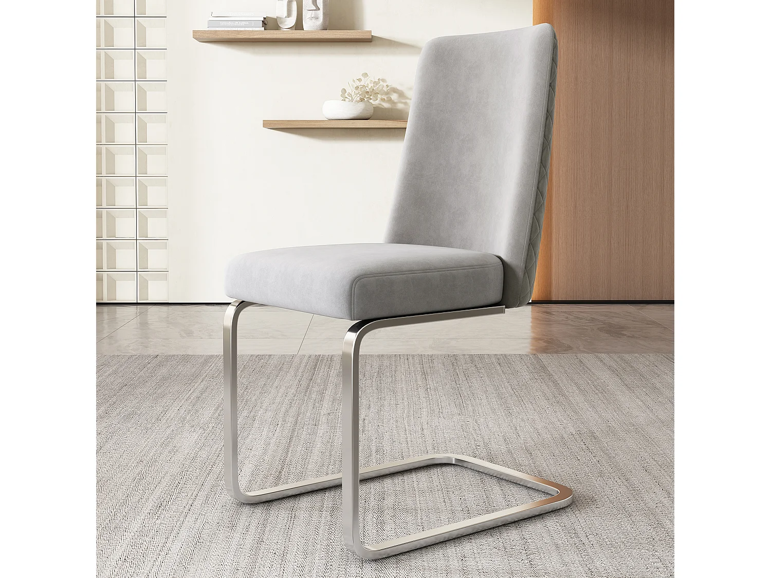 Eetkamerstoelen van fluweel, set van 6, luxe design, diamantvormige rugleuning, zilveren metalen poten, grijs (afmetingen niet van toepassing)