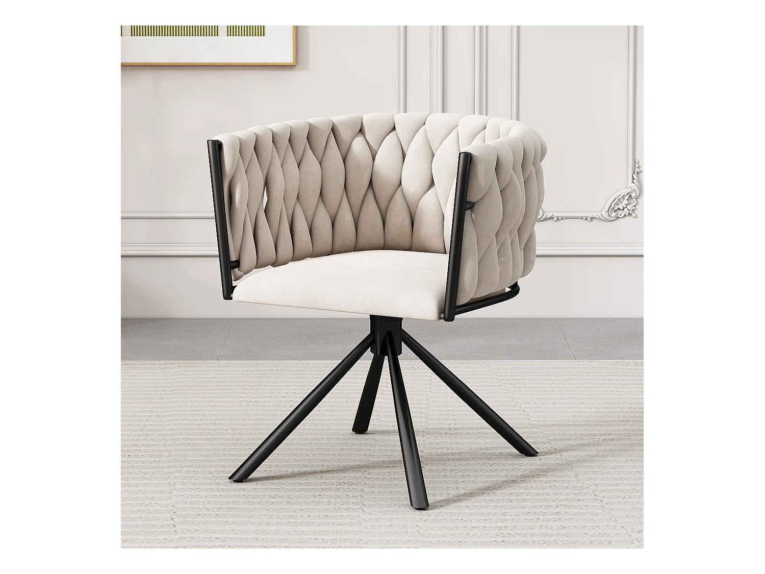 Chaise de salle à manger en velours, fauteuil de luxe, pivotant à 360°, structure en métal, beige (dimensions non spécifiées)