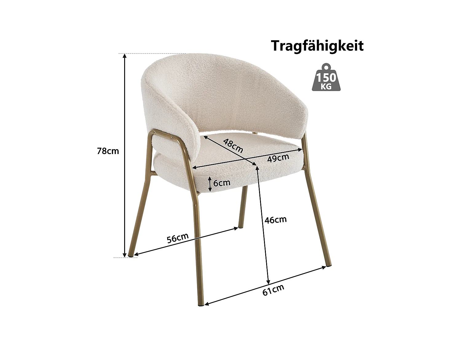 Silla de comedor de terciopelo blanco, diseño moderno, respaldo perforado, patas de metal dorado (49x48x78 cm)