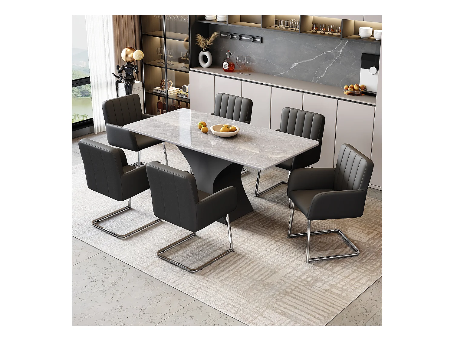 Set de 6 chaises de salle à manger avec rayures verticales, fauteuil rembourré avec pieds métalliques en forme de Z, cuir PU, noir