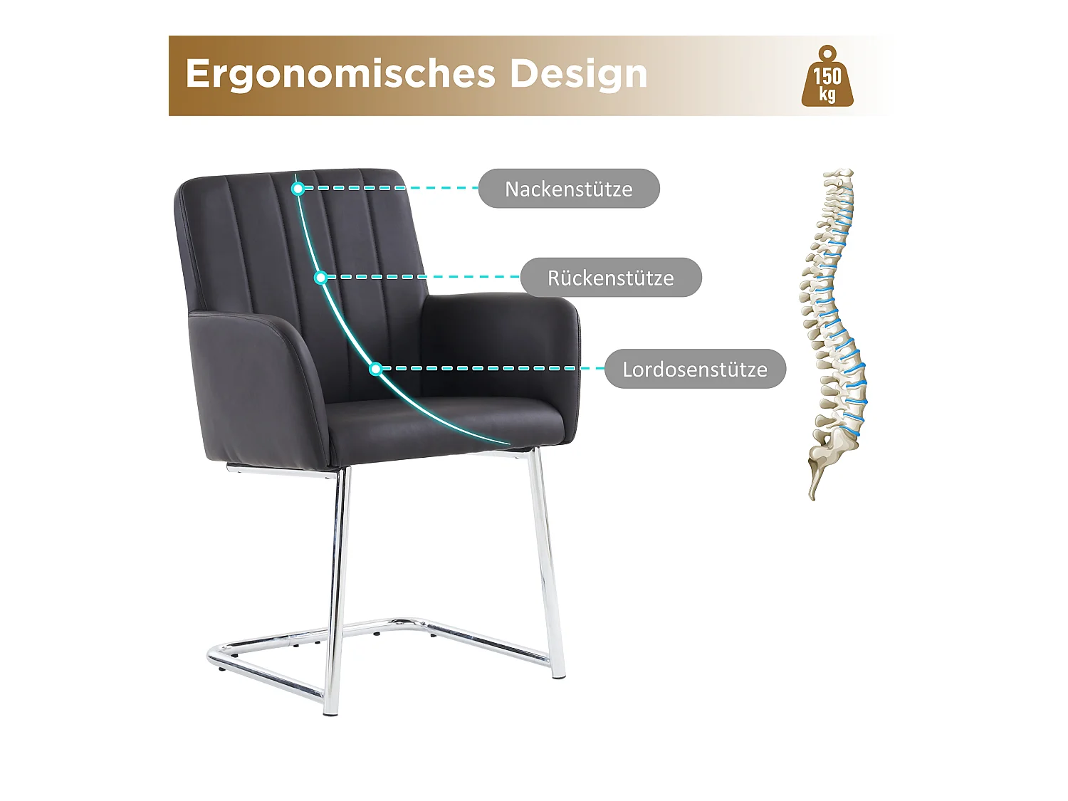 Set de 6 chaises de salle à manger avec rayures verticales, fauteuil rembourré avec pieds métalliques en forme de Z, cuir PU, noir