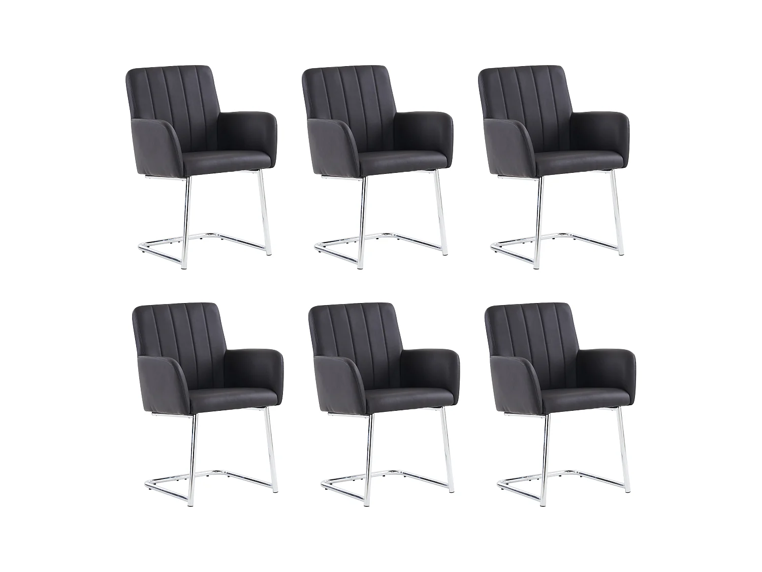 Set de 6 chaises de salle à manger avec rayures verticales, fauteuil rembourré avec pieds métalliques en forme de Z, cuir PU, noir