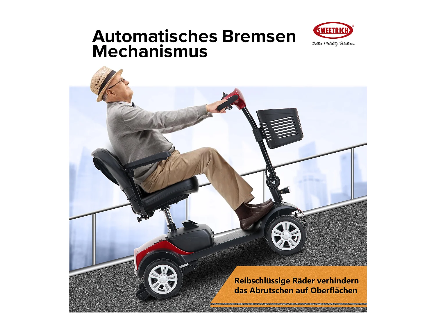 Scooter de mobilité électrique 300W, compact 4 roues, métal, rouge (103x53x44.5 cm)