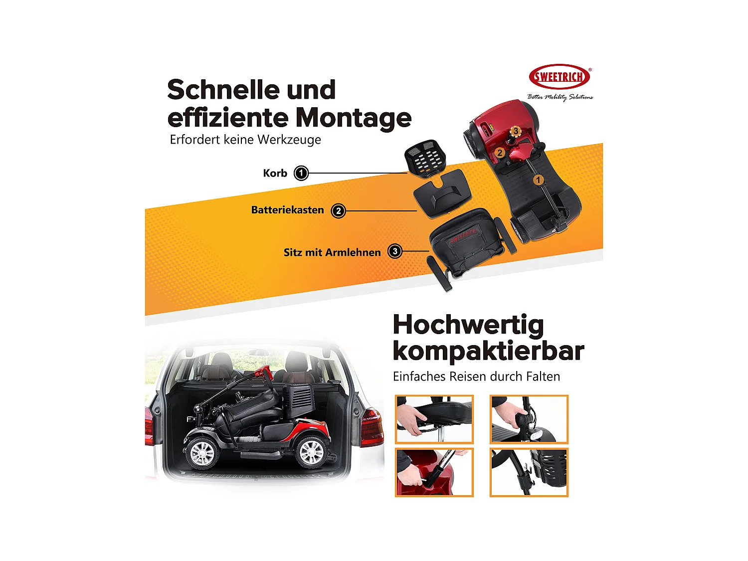 Scooter de mobilité électrique 300W, compact 4 roues, métal, rouge (103x53x44.5 cm)