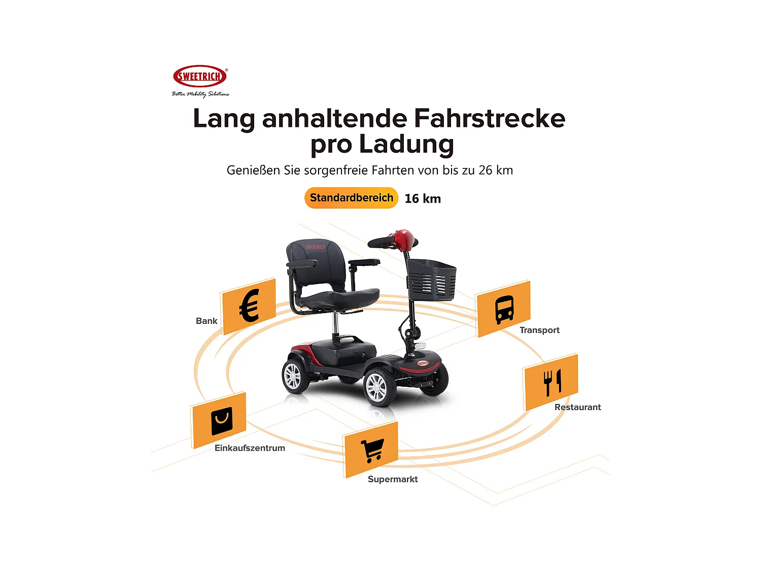 Scooter de mobilité électrique 300W, compact 4 roues, métal, rouge (103x53x44.5 cm)