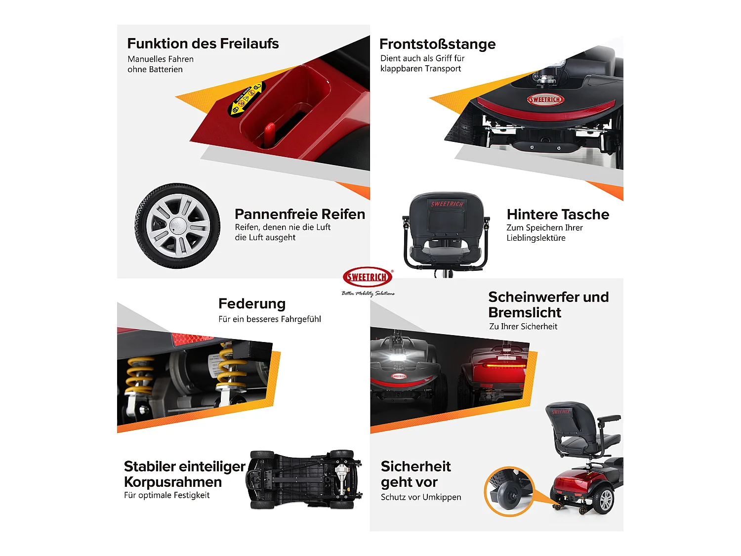 Scooter de mobilité électrique 300W, compact 4 roues, métal, rouge (103x53x44.5 cm)