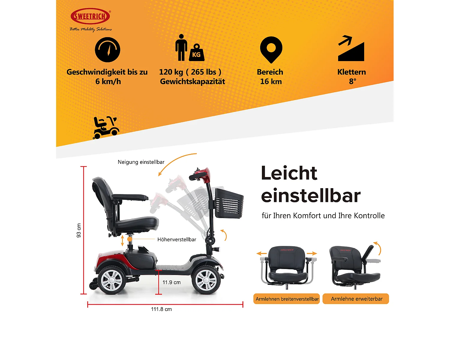 Scooter de mobilité électrique 300W, compact 4 roues, métal, rouge (103x53x44.5 cm)