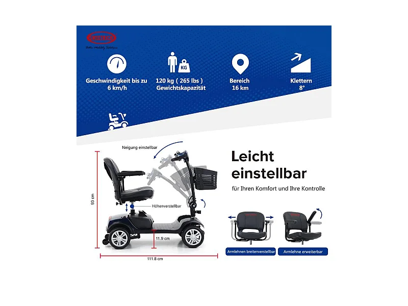 Scooter de mobilité électrique compact 4 roues, métal, bleu (103x53x44.5 cm)