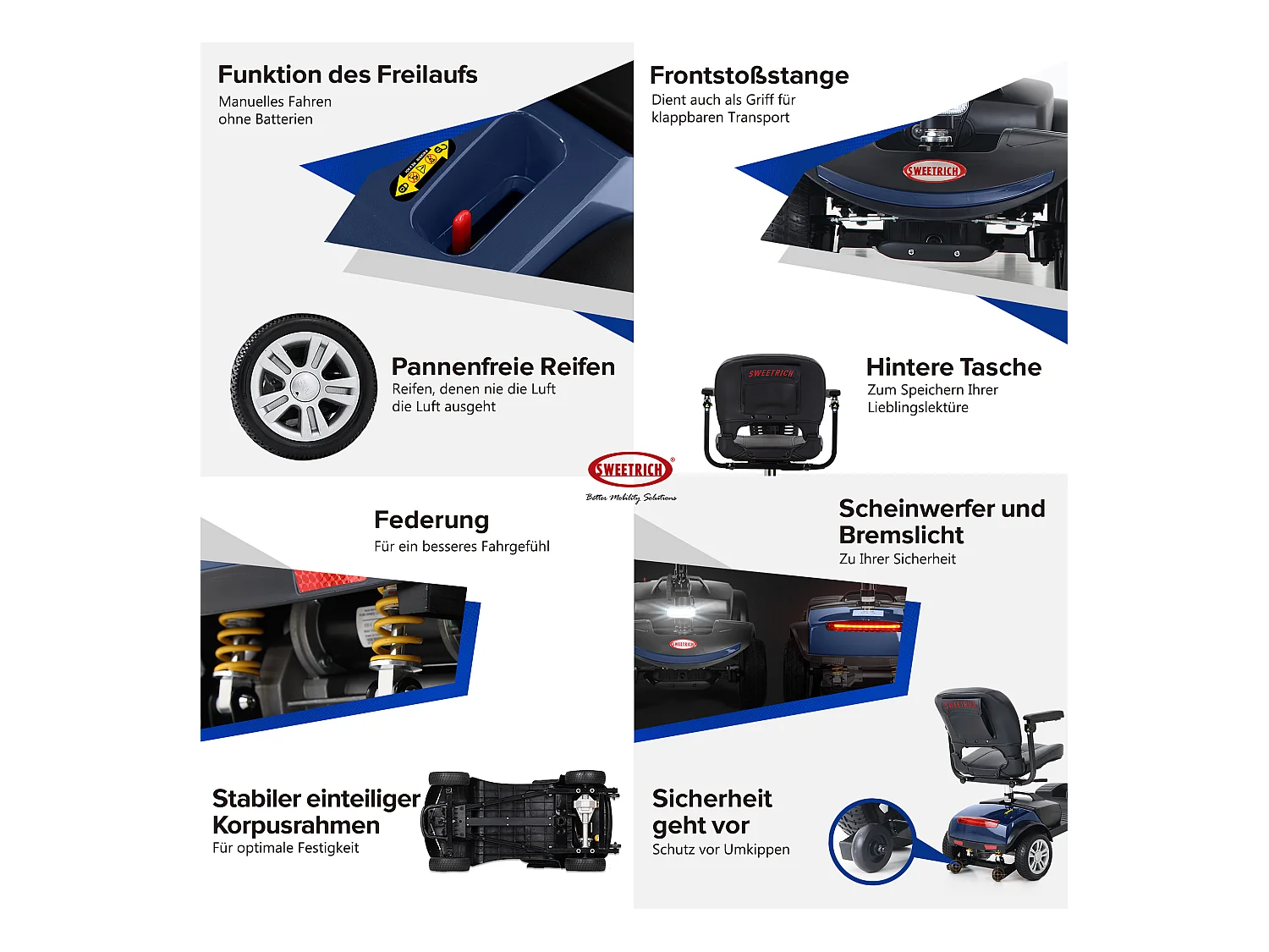 Scooter de mobilité électrique compact 4 roues, métal, bleu (103x53x44.5 cm)