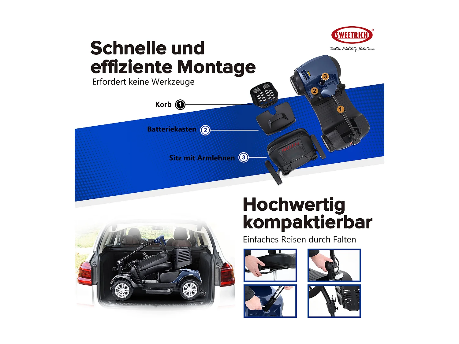 Scooter de mobilité électrique compact 4 roues, métal, bleu (103x53x44.5 cm)