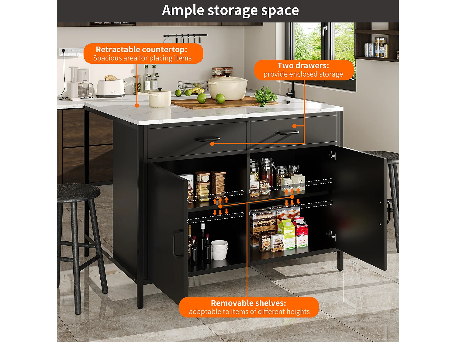 Table Haute Moderne, Design Élégant, MDF, Marbre, Pieds Métalliques Noirs (100x90x90 cm)