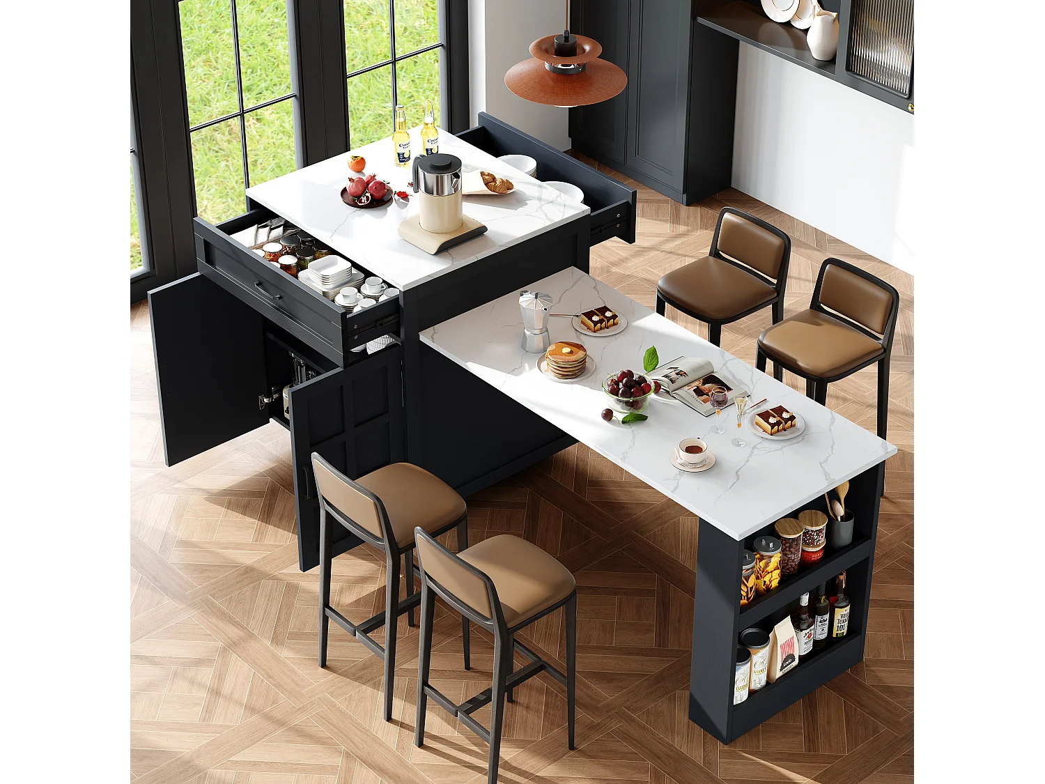 Table extensible avec rangement, MDF et métal, design moderne, noir (133-202x70x93.5 cm)