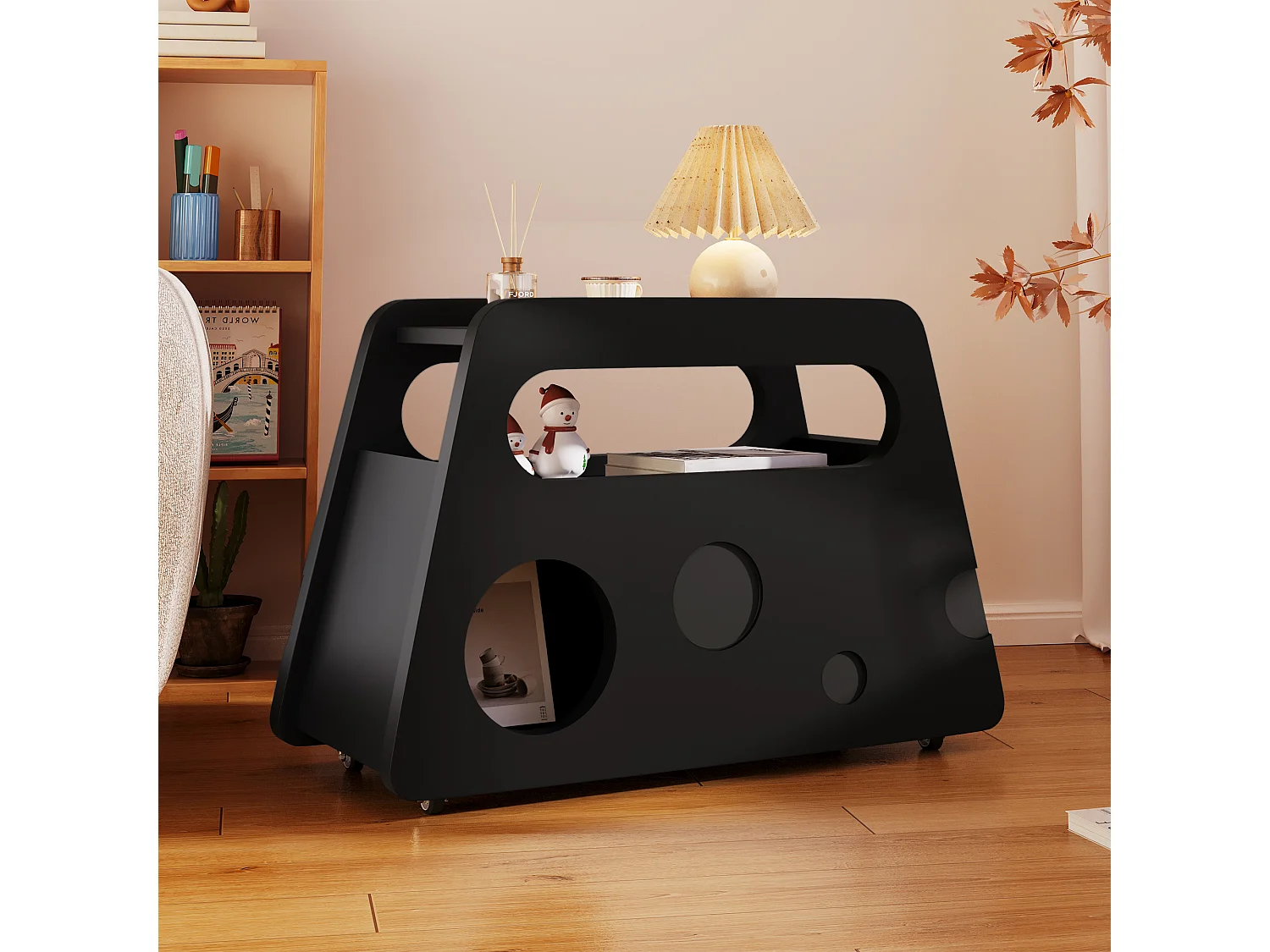 Table d'appoint moderne avec roulettes, design sécurisé et fonctionnel, Noir, MDF, (81x33x51.5 cm)