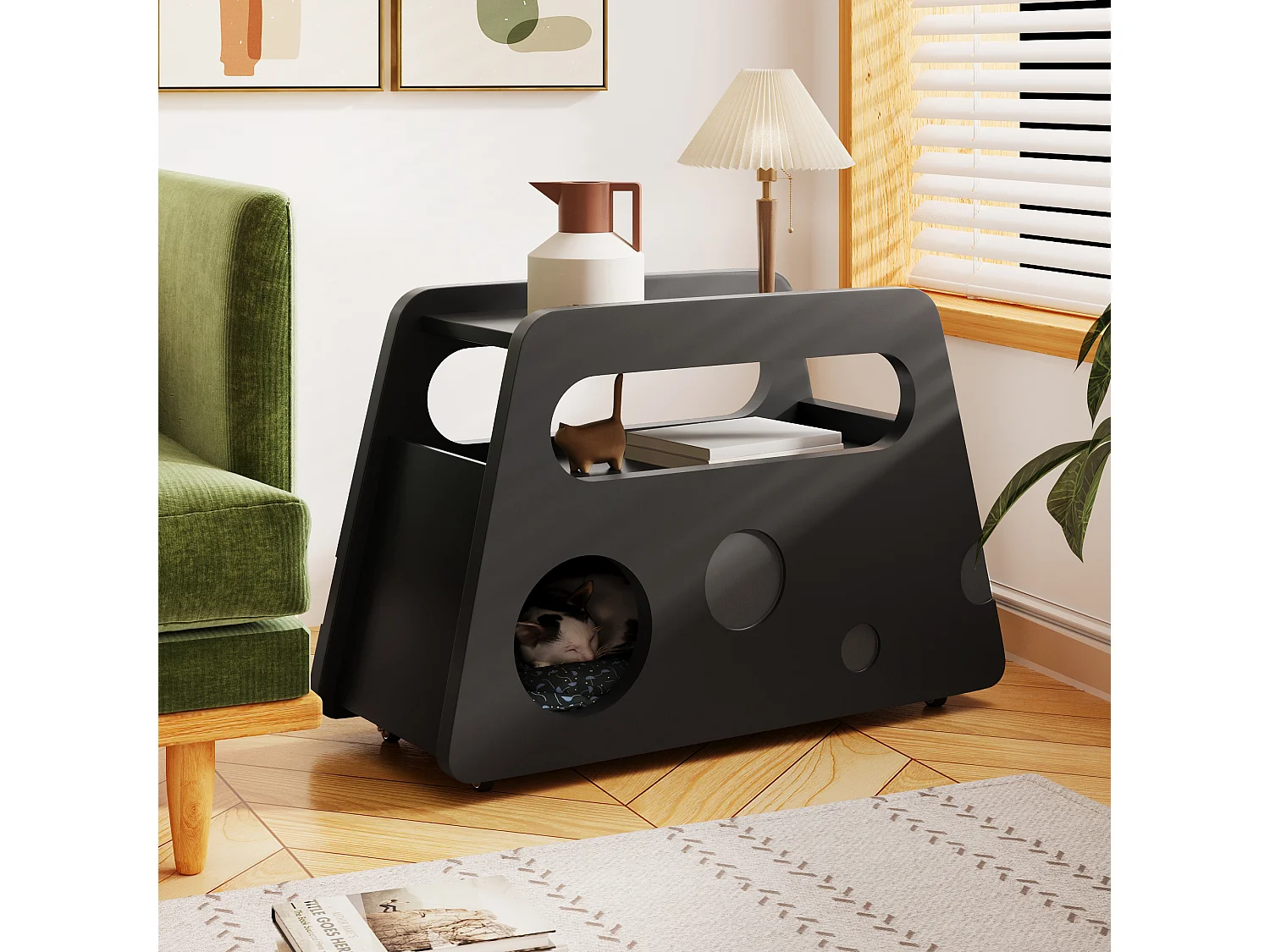 Table d'appoint moderne avec roulettes, design sécurisé et fonctionnel, Noir, MDF, (81x33x51.5 cm)