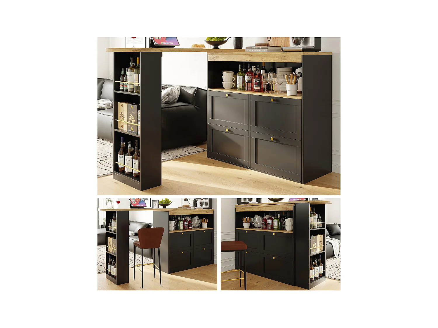 Bar à 360° pivotant, avec 4 tiroirs et étagères ouvertes, MDF noir, (105x39x102 cm)