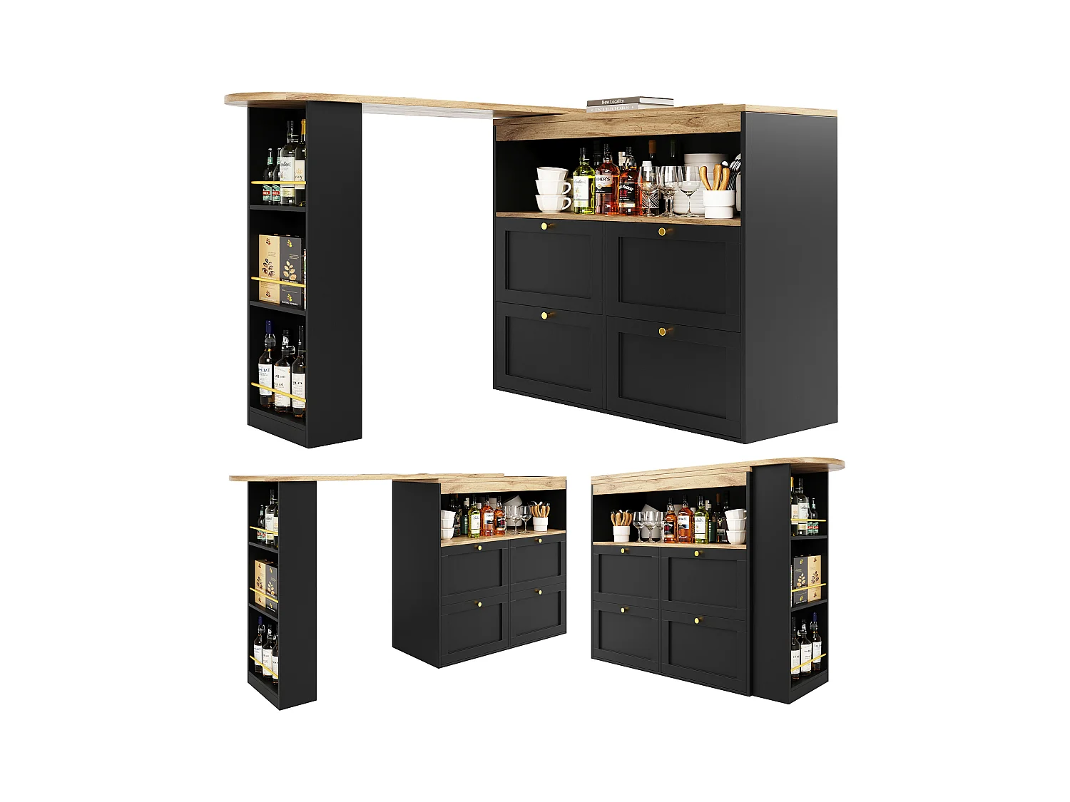 Bar à 360° pivotant, avec 4 tiroirs et étagères ouvertes, MDF noir, (105x39x102 cm)