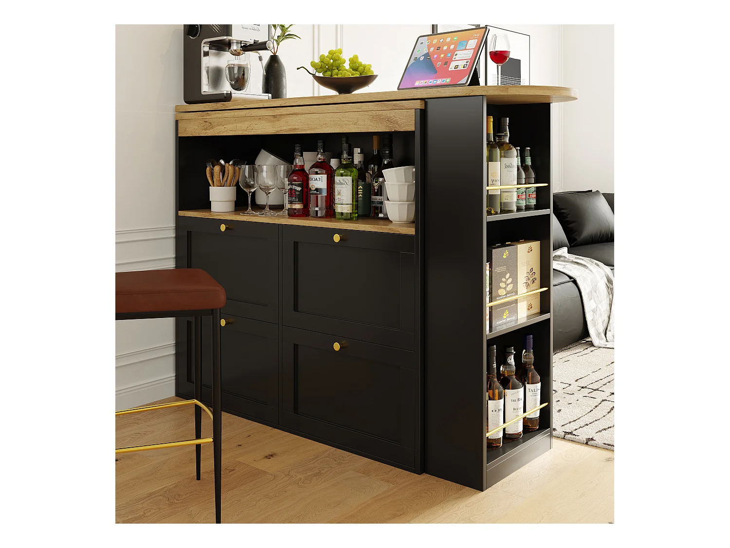 Bar à 360° pivotant, avec 4 tiroirs et étagères ouvertes, MDF noir, (105x39x102 cm)