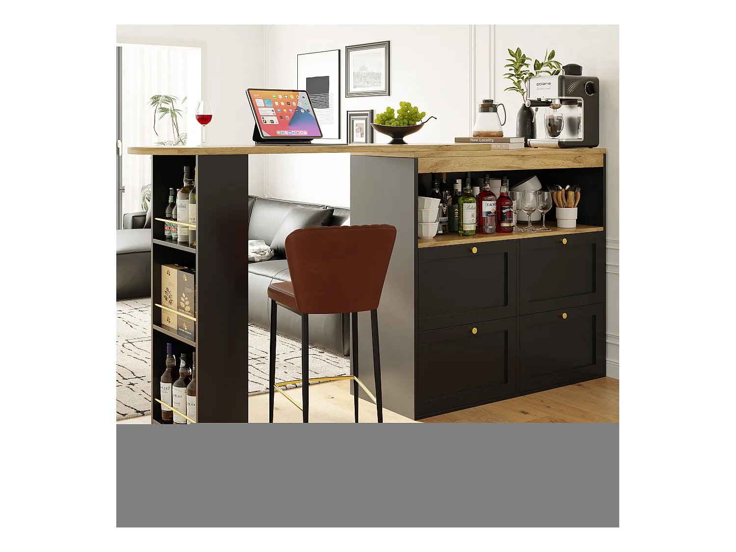 Bar à 360° pivotant, avec 4 tiroirs et étagères ouvertes, MDF noir, (105x39x102 cm)