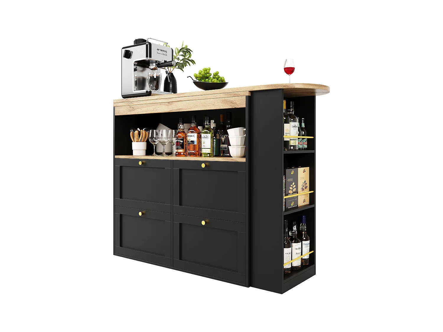 Bar à 360° pivotant, avec 4 tiroirs et étagères ouvertes, MDF noir, (105x39x102 cm)