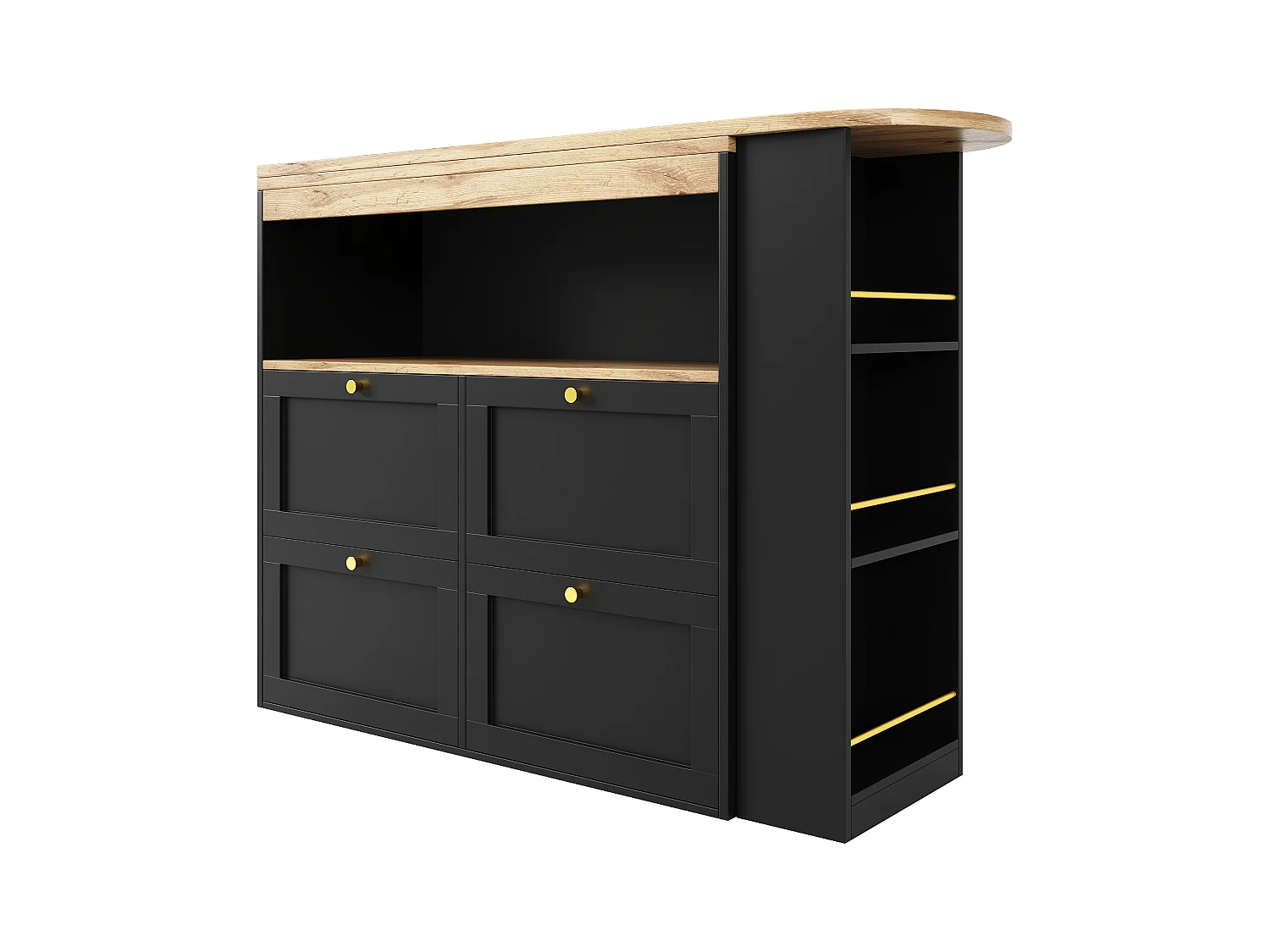 Bar à 360° pivotant, avec 4 tiroirs et étagères ouvertes, MDF noir, (105x39x102 cm)