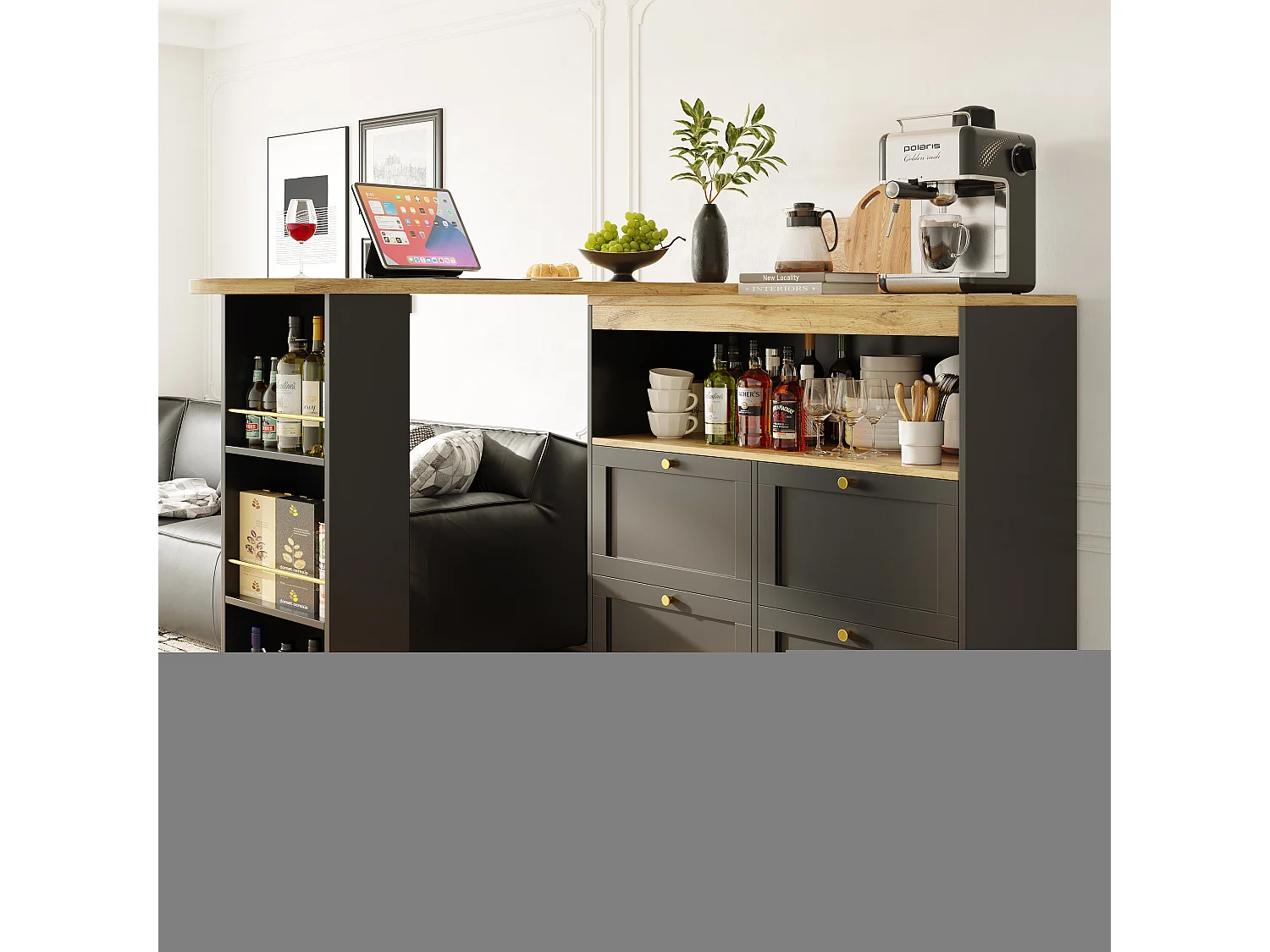 Bar à 360° pivotant, avec 4 tiroirs et étagères ouvertes, MDF noir, (105x39x102 cm)