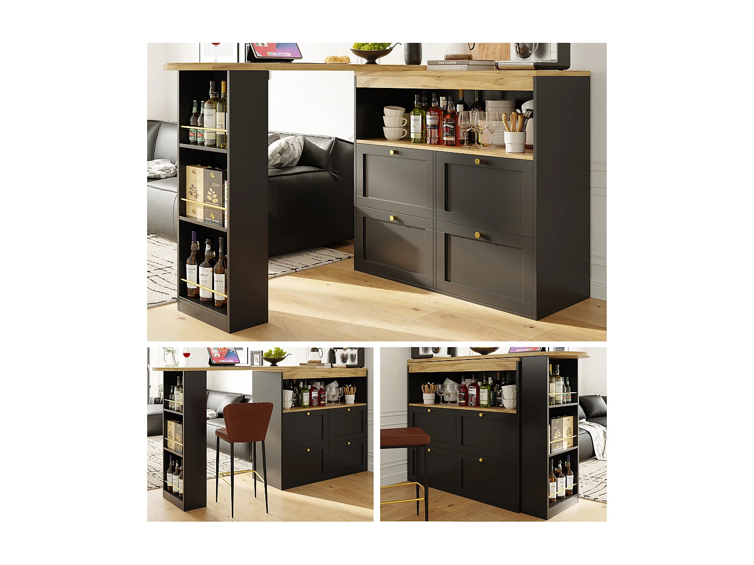 Bar à 360° pivotant, avec 4 tiroirs et étagères ouvertes, MDF noir, (105x39x102 cm)