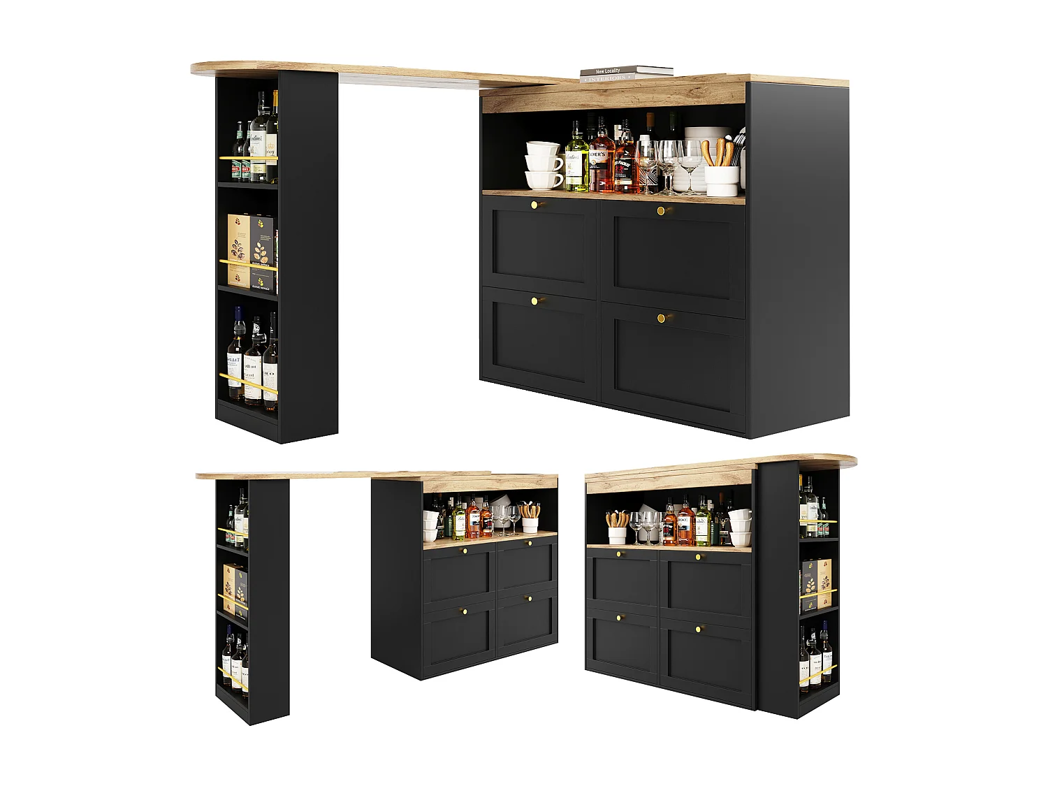 Bar à 360° pivotant, avec 4 tiroirs et étagères ouvertes, MDF noir, (105x39x102 cm)