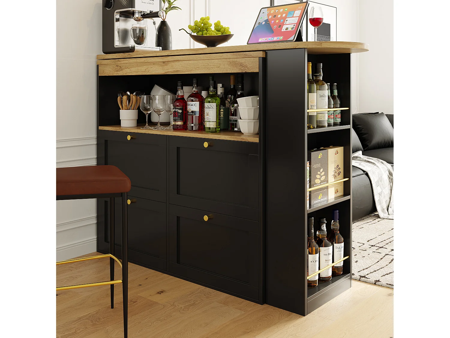 Bar à 360° pivotant, avec 4 tiroirs et étagères ouvertes, MDF noir, (105x39x102 cm)