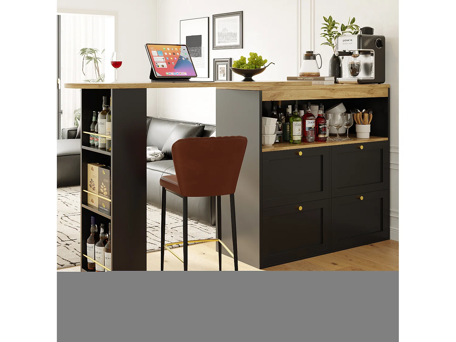 Bar à 360° pivotant, avec 4 tiroirs et étagères ouvertes, MDF noir, (105x39x102 cm)