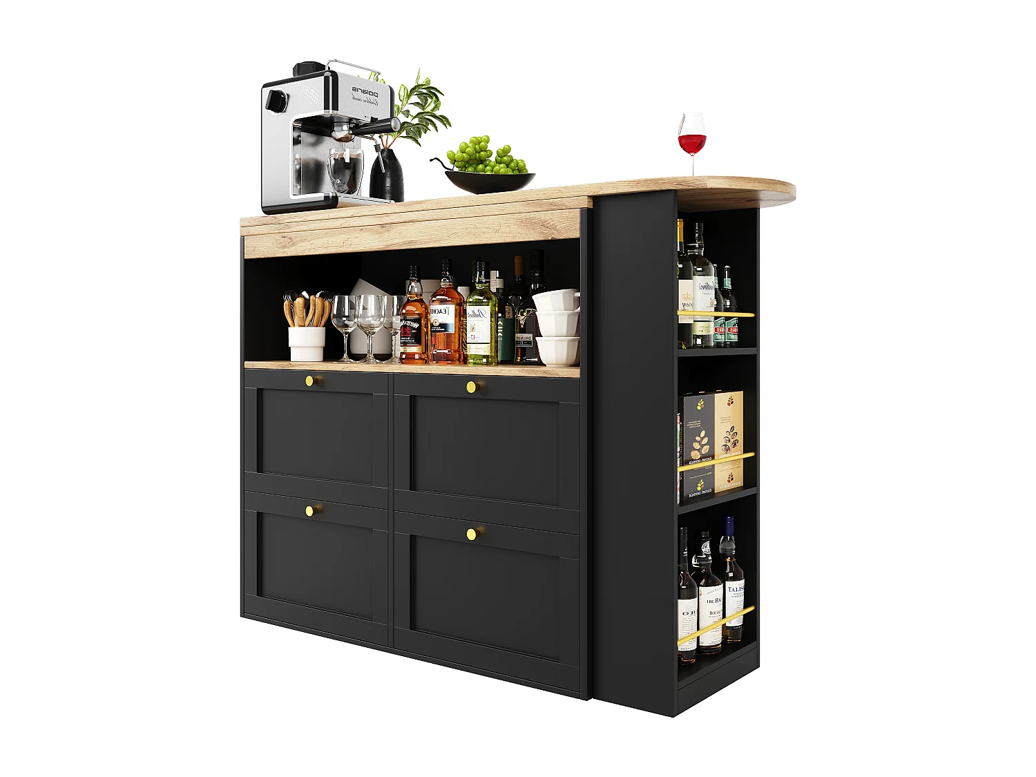 Bar à 360° pivotant, avec 4 tiroirs et étagères ouvertes, MDF noir, (105x39x102 cm)