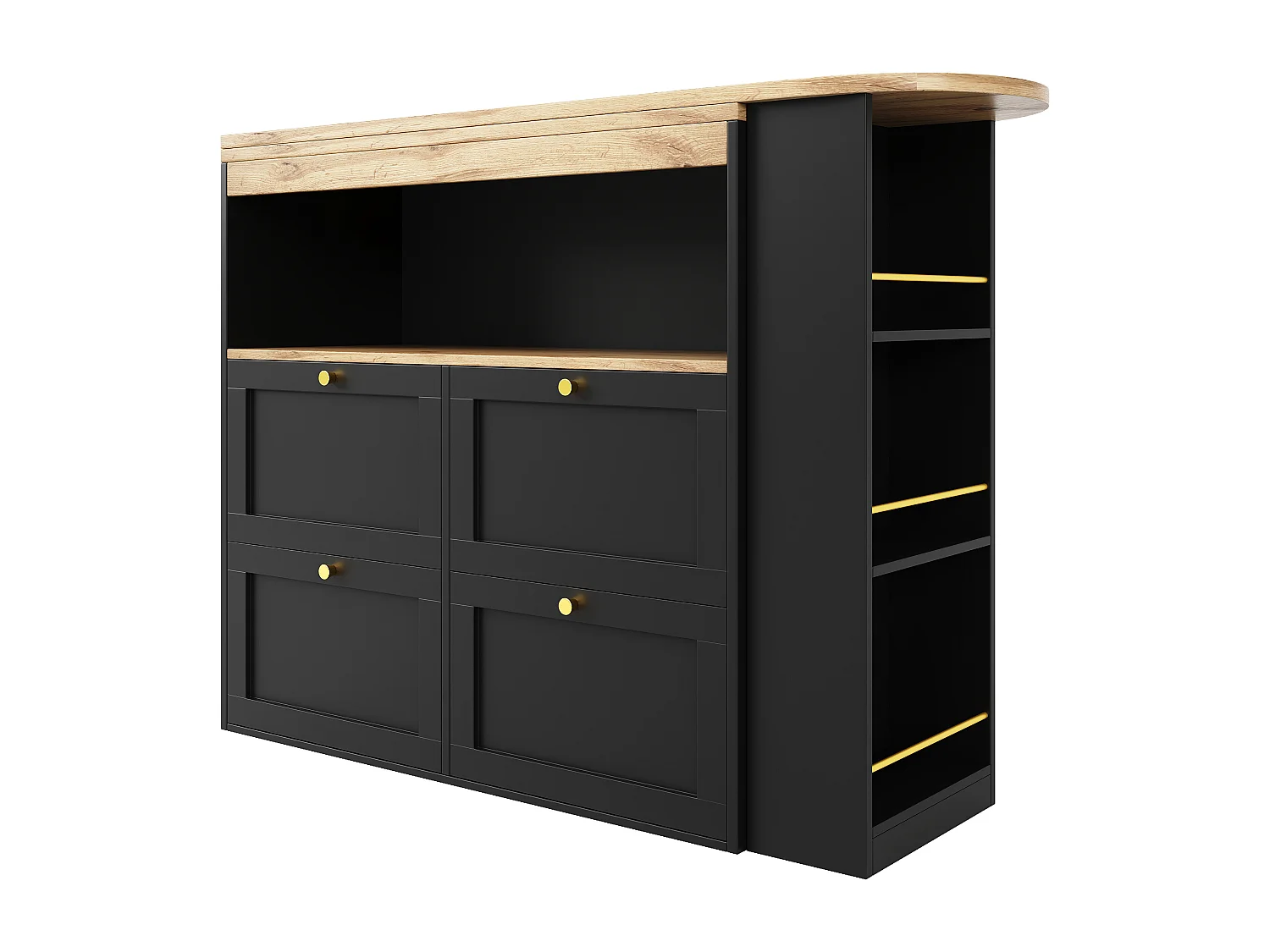 Bar à 360° pivotant, avec 4 tiroirs et étagères ouvertes, MDF noir, (105x39x102 cm)