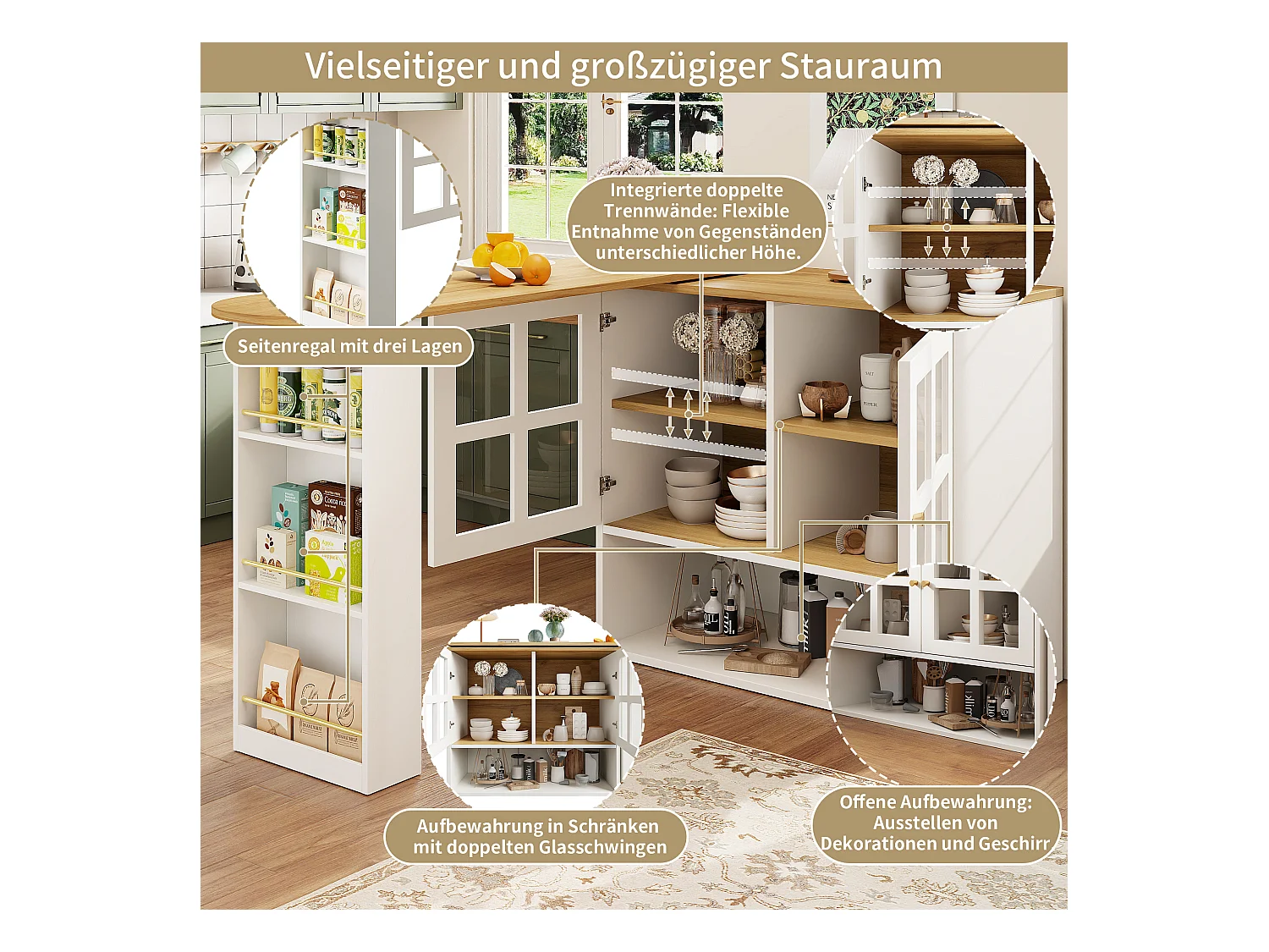 Buffet tournant 360°, design moderne multifonction avec 5 étagères, MDF, blanc (138x39x102.5cm)