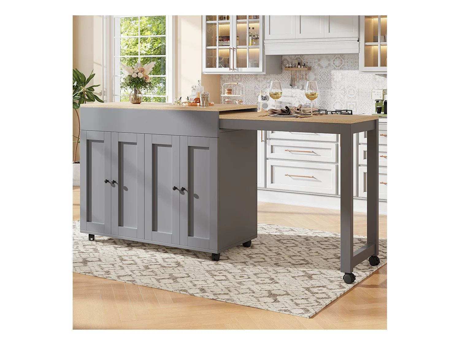 Table de bar extensible avec rangements, MDF et métal, gris (118-180x50x94 cm)